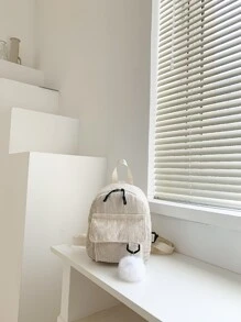輕便迷你純色燈芯絨背包，帶袋飾書包，適合畢業生、青少年女孩、新生、大二、初中和高中學生、大學和高中，非常適合戶外、旅行和返校 - 米色 - 查看 8