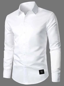 Manfinity Mode Men Patch Detail Shirt Long Sleeve Button Up Plain White Casual Shirt For Boyfriend Gift - White - View 1