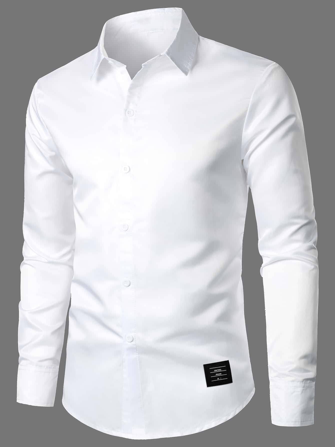 Manfinity Mode Men Patch Detail Shirt Long Sleeve Button Up Plain White Casual Shirt For Boyfriend Gift - White - View 1