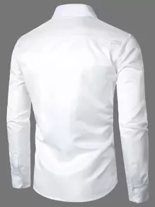 Manfinity Mode Men Patch Detail Shirt Long Sleeve Button Up Plain White Casual Shirt For Boyfriend Gift - White - View 2