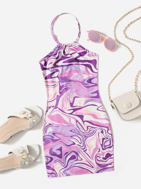 SHEIN Vestido mini ajustado sin mangas con estampado de mármol para niña joven