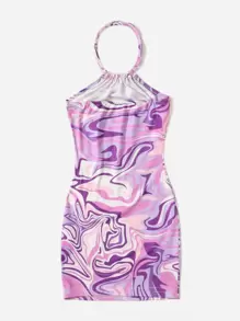 SHEIN Young Girl Marble Print Sleeveless Bodycon Mini Dress - Purple - View 2