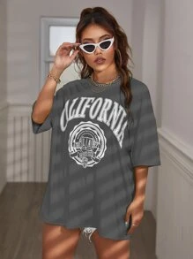SHEIN Unity 字母圖案落肩T恤 - 灰色 - 查看 4