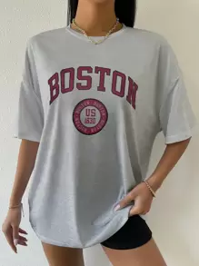 Flirla 字母图案落肩 T 恤 图案 T 恤 女式上衣 - 灰色 - 查看 3