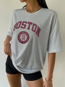 Flirla 字母图案落肩 T 恤 图案 T 恤 女式上衣 - 灰色 - 查看 5