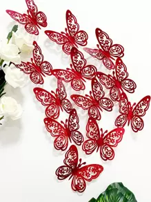 Set de 12 pegatinas de mariposa de PVC, pegatinas modernas de mariposa troqueladas en 3D para decorar la habitación, pegatinas, vinilos decorativos para el hogar, artículos de decoración de primavera para refrescar tu hogar, pegatinas de decoración de ramas, decoración escolar, sorpresa escolar, decoración de dormitorio, útiles escolares - Rojo - Ver 1