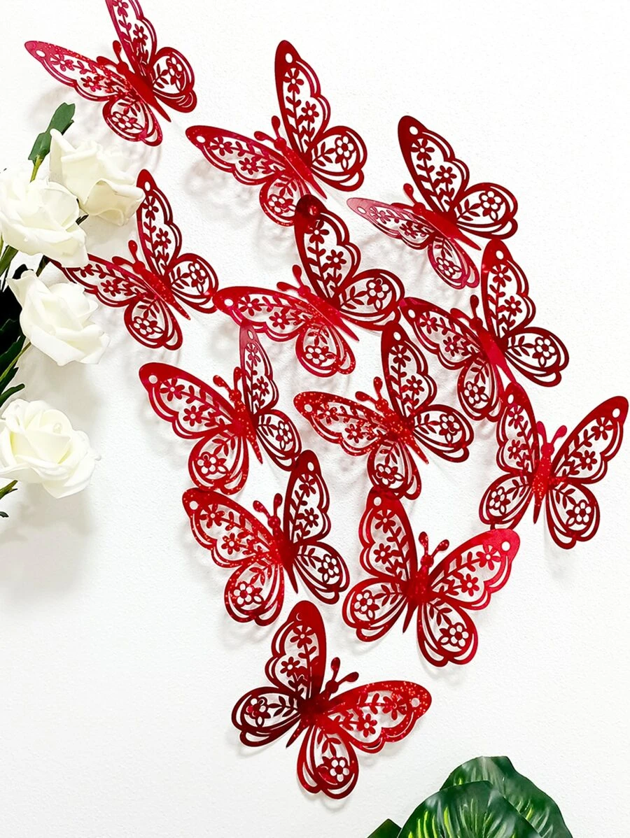 Set de 12 pegatinas de mariposa de PVC, pegatinas modernas de mariposa troqueladas en 3D para decorar la habitación, pegatinas, vinilos decorativos para el hogar, artículos de decoración de primavera para refrescar tu hogar, pegatinas de decoración de ramas, decoración escolar, sorpresa escolar, decoración de dormitorio, útiles escolares - Rojo - Ver 1