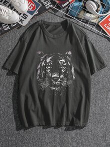 Manfinity Hombres Camiseta con estampado de tigre 3D - Gris Oscuro - Ver 3