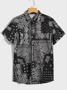 GENTILAND Áo sơ mi Nam Nút phía trước Paisley Kỳ nghỉ - Đen và trắng - Xem 1