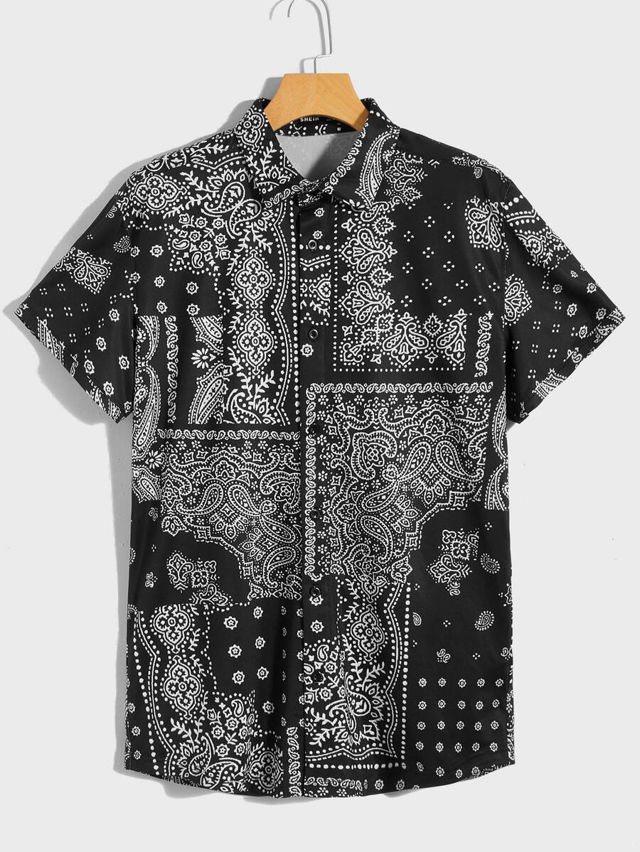 GENTILAND Áo sơ mi Nam Nút phía trước Paisley Kỳ nghỉ - Đen và trắng - Xem 1