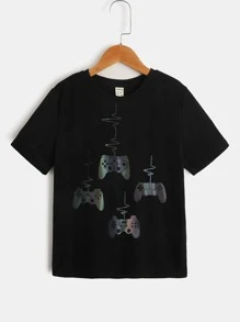 SHEIN Boys Reflective Gamepad Print Tee - Black - View 2