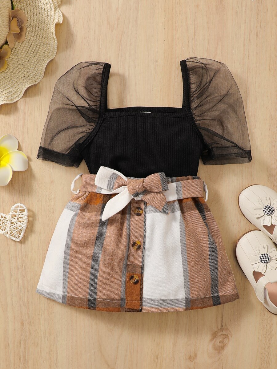 Baby Contrast Mesh Puff Sleeve Top & Belted Skirt - Multicolor - View 1