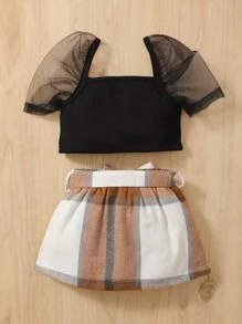 Baby Contrast Mesh Puff Sleeve Top & Belted Skirt - Multicolor - View 2