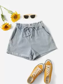 Shorts en mezclilla de cintura con cordón con lavado ligero - Lavado ligero - Ver 1