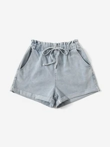 Shorts en mezclilla de cintura con cordón con lavado ligero - Lavado ligero - Ver 4
