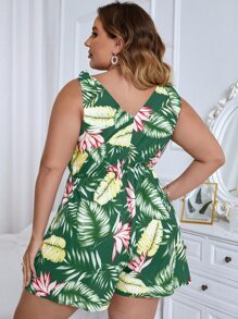 SHEIN Holidaya 大碼熱帶圖案肩上打結連身短褲 - 綠色 - 查看 2
