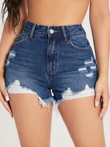 SHEIN PETITE 高腰破洞毛邊緣牛仔短褲 - 中等水洗藍 - 查看 1