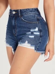 SHEIN PETITE 高腰破洞毛邊緣牛仔短褲 - 中等水洗藍 - 查看 3