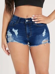 SHEIN PETITE Ripped Raw Trim Booty Denim Shorts - Medium Wash - View 4