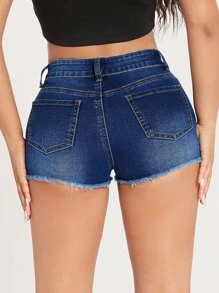 SHEIN PETITE Ripped Raw Trim Booty Denim Shorts - Medium Wash - View 2