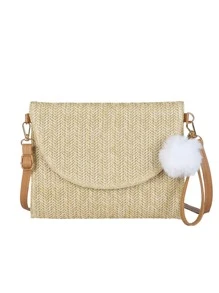 翻蓋草編包附包飾書包適用於青少年大學學生 - 卡其色 - 查看 5