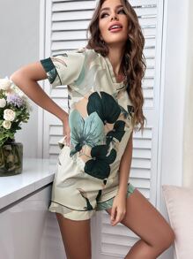 Conjunto de pijama con estampado tropical, bolsillo con parche y lazo delantero - Multicolor - Ver 3