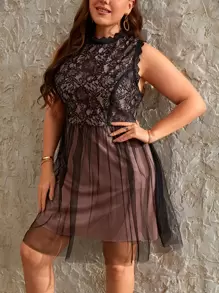 SHEIN Privé Plus Contrast Lace Mesh Hem Dress - Multicolor - View 5