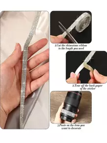 1roll/2rolls - 1cm Wide Dark Green Rhinestone Trim With Double-Sided Tape, Iron-On Or Glue-On Available, 1 Meter Long, Available In Black, Red, Multicolor, Champagne, Baby Blue, Leopard Print, Violet - Multicolor - View 3