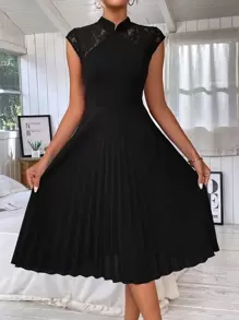 SHEIN Clasi Contrast Lace Pleated Hem Dress - Black - View 1