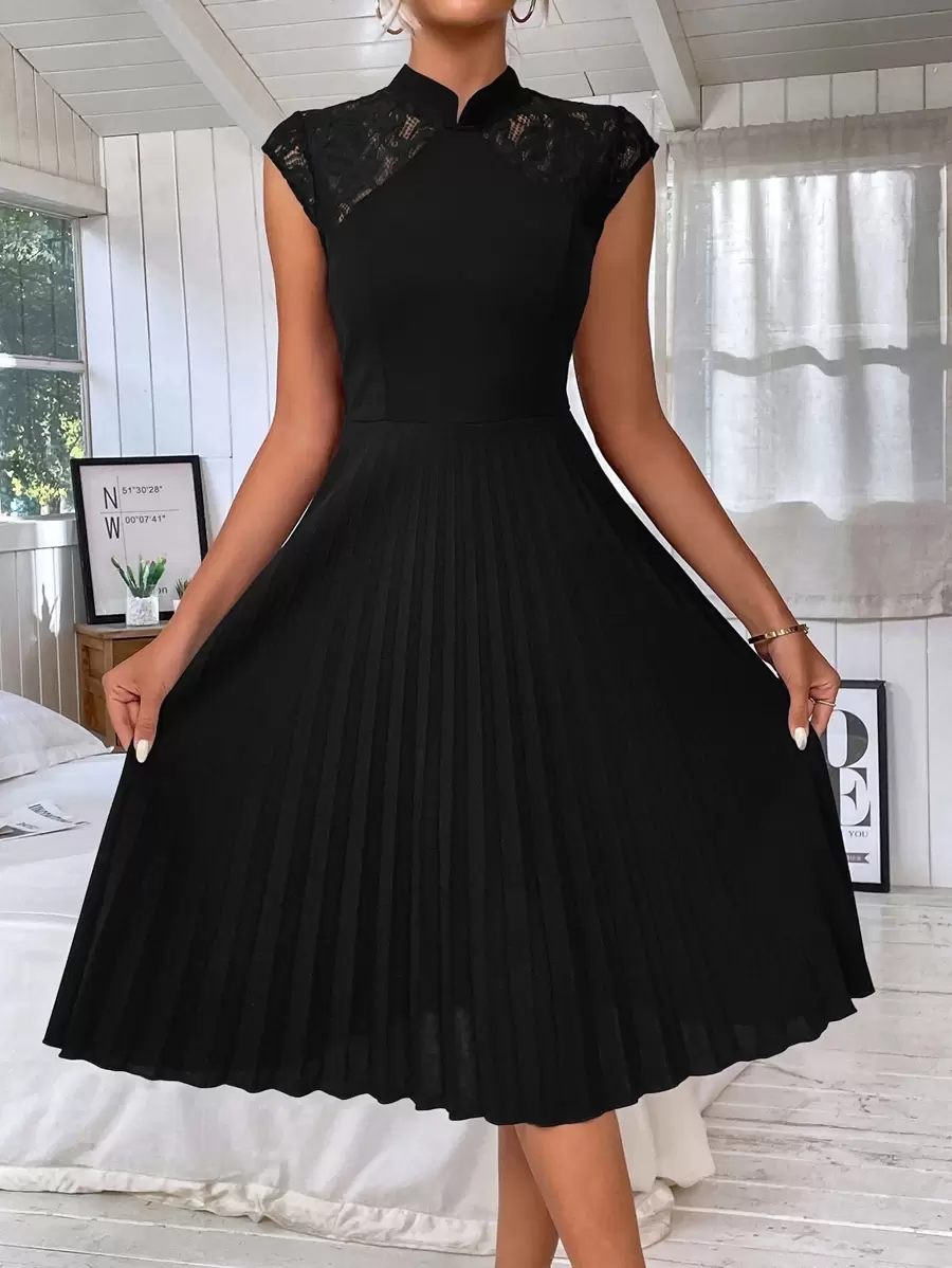 SHEIN Clasi Contrast Lace Pleated Hem Dress - Black - View 1