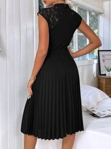 SHEIN Clasi Contrast Lace Pleated Hem Dress - Black - View 2