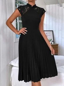 SHEIN Clasi Contrast Lace Pleated Hem Dress - Black - View 3