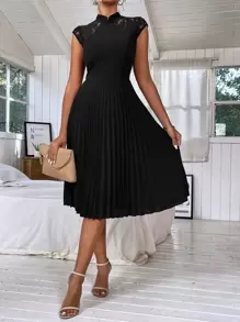 SHEIN Clasi Contrast Lace Pleated Hem Dress - Black - View 5