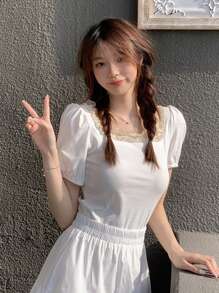 拼接褶邊泡泡袖短款T恤 - 白色 - 查看 1