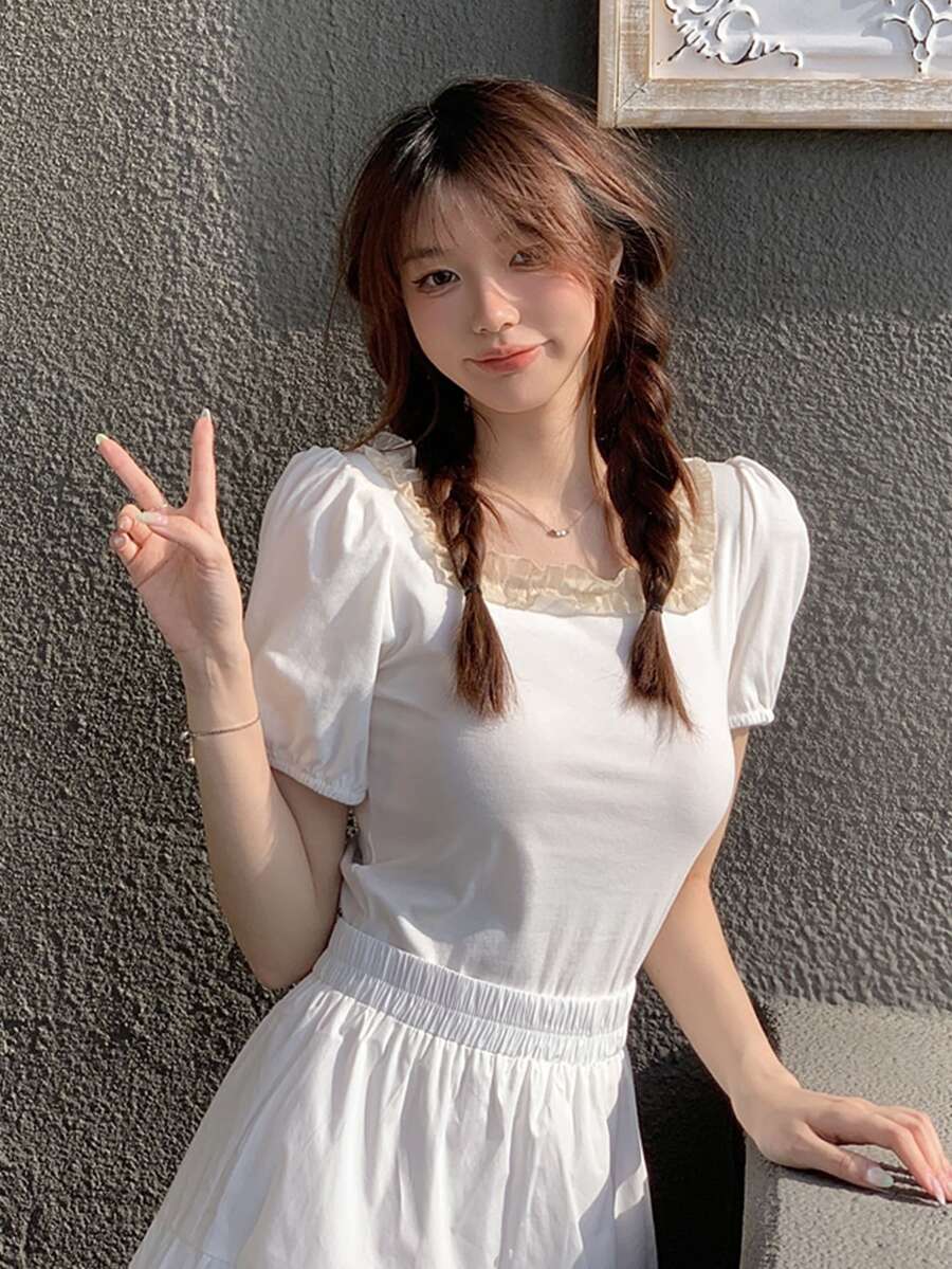 拼接褶邊泡泡袖短款T恤 - 白色 - 查看 1