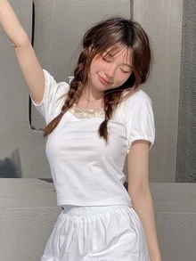 拼接褶邊泡泡袖短款T恤 - 白色 - 查看 3