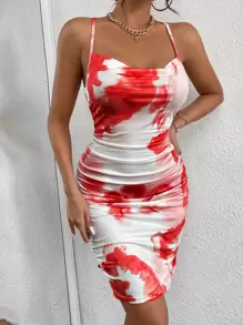 INAWLY Đầm Lộ Lưng Hội Chữ thập Vắt Buộc lại Cà vạt nhuộm Gợi cảm - Đỏ và trắng - Xem 5