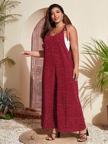 SHEIN VCAY Plus Polka Dot Knot Shoulder Cami Jumpsuit - Burgundy - View 3