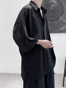 Claim Dot 男士春夏超大纯色开叉下摆落肩衬衫，宽松纽扣纯黑色衬衫，适合男朋友的礼物，男士超大衬衫，宽松衬衫，落肩衬衫男士，黑色宽松衬衫，秋季