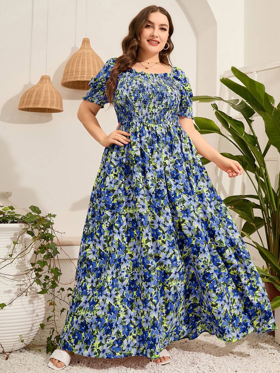 Mulvari Đầm Plus Size viền lá sen Dải chun Hoa Tất cả trên in Boho - Nhiều màu - Xem 1