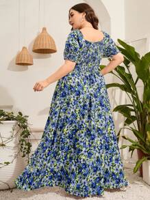 Mulvari Đầm Plus Size viền lá sen Dải chun Hoa Tất cả trên in Boho - Nhiều màu - Xem 2