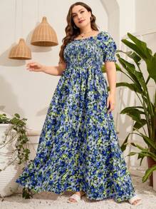 Mulvari Đầm Plus Size viền lá sen Dải chun Hoa Tất cả trên in Boho - Nhiều màu - Xem 3