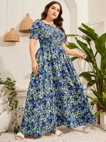 Mulvari Đầm Plus Size viền lá sen Dải chun Hoa Tất cả trên in Boho - Nhiều màu - Xem 5