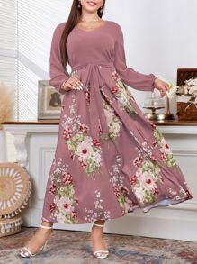 Mulvari Plus Random Floral Print Lantern Sleeve Knot Front Dress Maxi Women Outfit - Dusty Pink - View 3