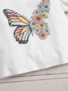 SHEIN Young Girl Casual Soft Knitted Butterfly Pattern Round Neck Short Sleeve T-Shirt - White - View 4