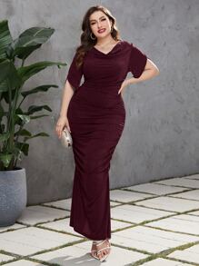 Modelyn 大碼褶邊下擺開叉連衣裙 - 酒紅色 - 查看 1