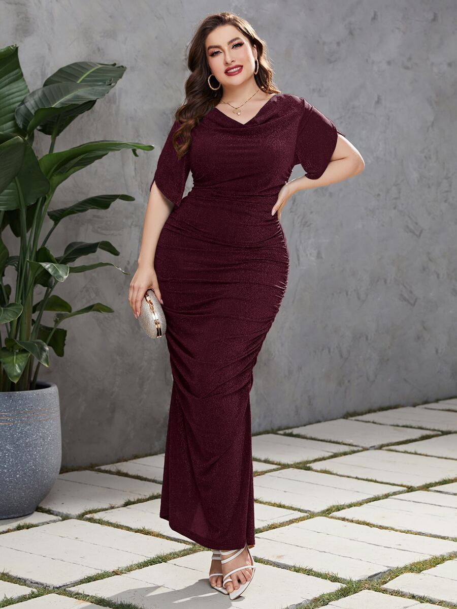 Modelyn 大碼褶邊下擺開叉連衣裙 - 酒紅色 - 查看 1