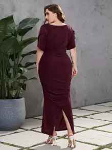 Modelyn 大碼褶邊下擺開叉連衣裙 - 酒紅色 - 查看 2