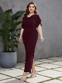 Modelyn 大碼褶邊下擺開叉連衣裙 - 酒紅色 - 查看 4