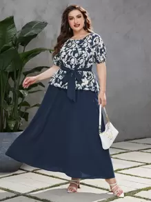 Modelyn Đầm Plus Size Thắt lưng Hoa Thanh lịch - Màu xanh hải quân - Xem 1